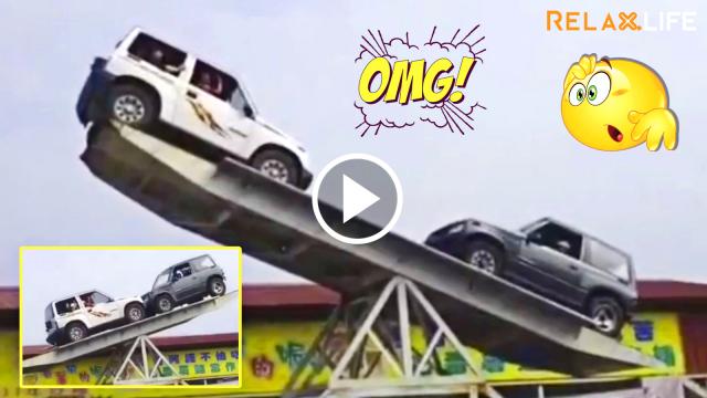 Awesome 2 drivers drive their car to play the seesaw.