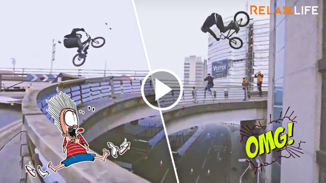 Awesome bicycle athlete exits the intersaction of the brigde