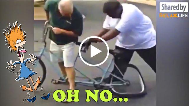 Super big man destroys the bicycle's wheel